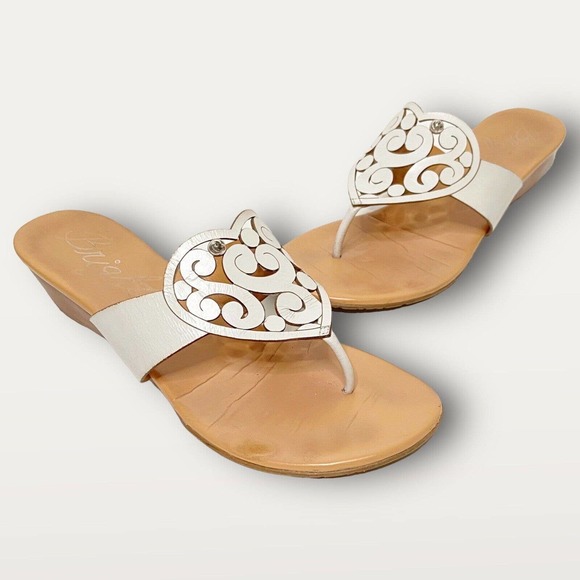 Brighton Shoes - Brighton Womens Sandals Size 9 Lavern Leather Slides White Heart Flip Flop Wedge